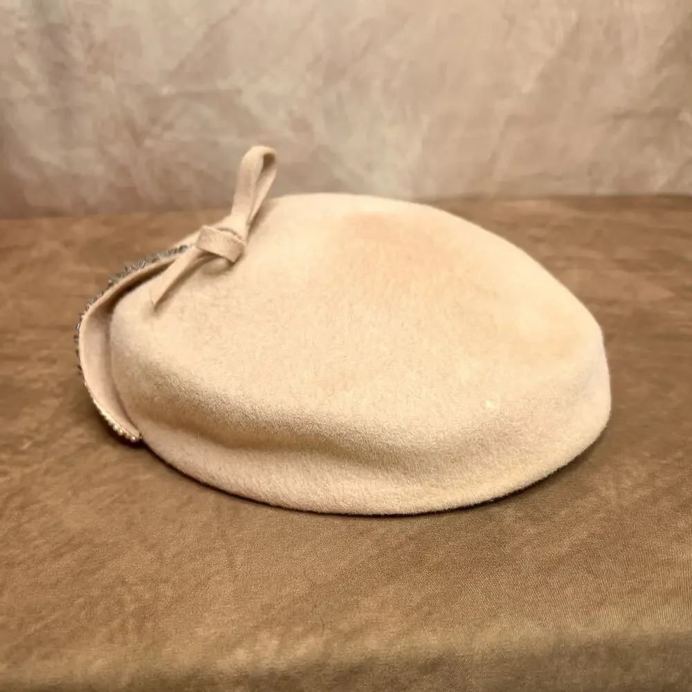 Vintage 40s Glamour Felts Tan Wool Round Pill Box Hat Beaded Bow Old Hollywood